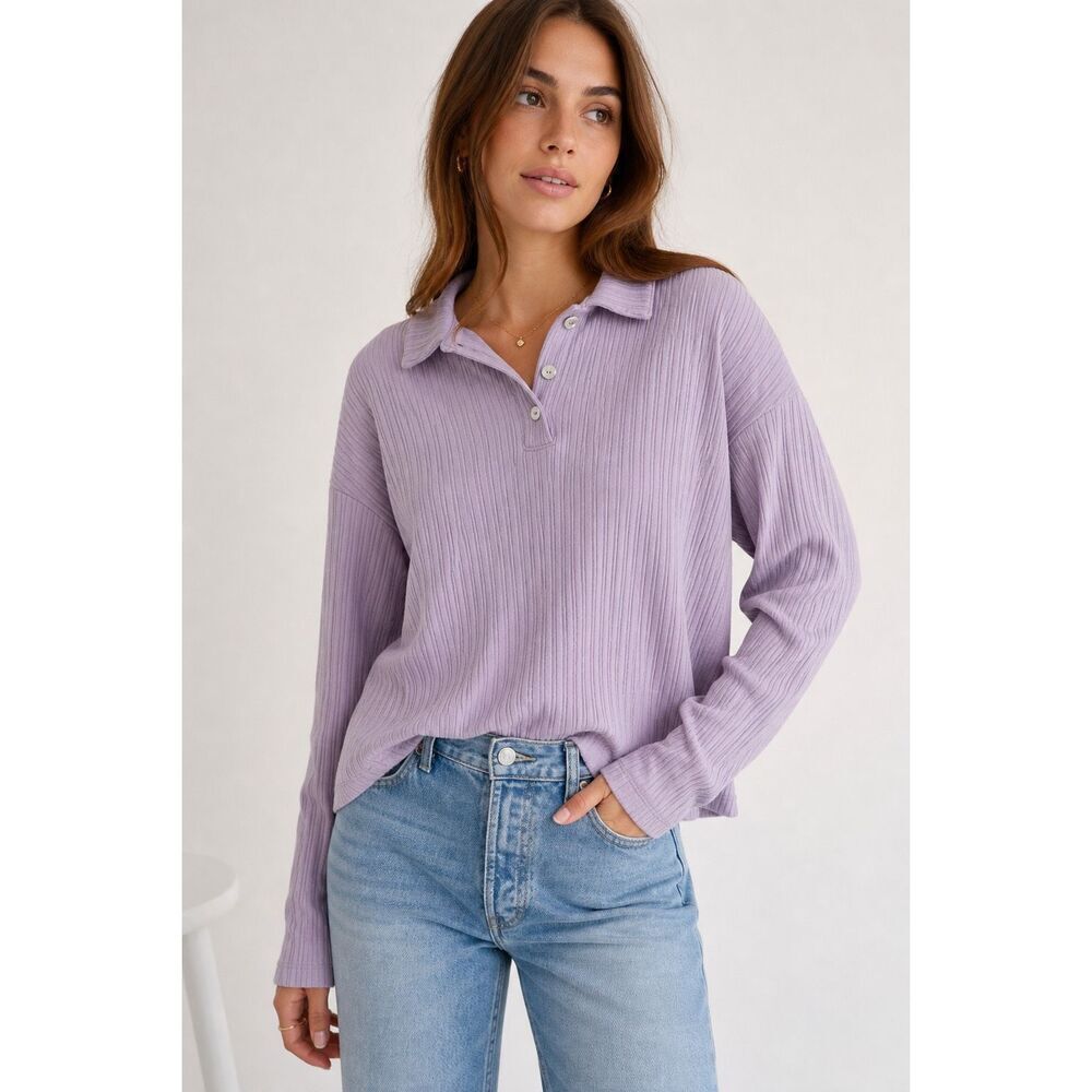 Madewell Ribbed Polo Top Small Lavender Long Sleeve Soft Minimalist